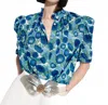 De Loreta Tapir Ruffle Short Sleeve Button-up Cotton Shirt In Blue