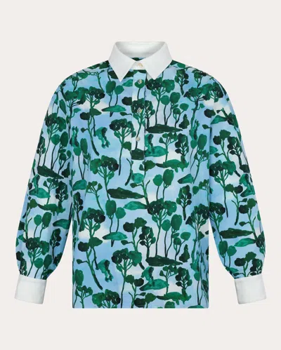 De Loreta Women's Nopal Printed Cotton Poplin Polo Shirt In Cosecha Print/white