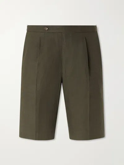 De Petrillo Straight-leg Pleated Linen Shorts In Green