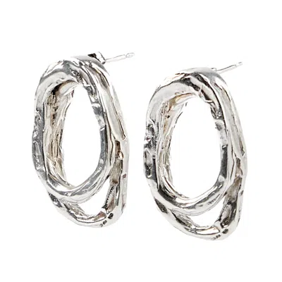 De Roms Women's Molten Irregular Hoops Two Together Earrings - Silver