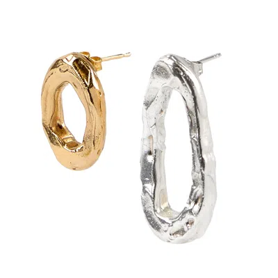 De Roms Women's Silver / Gold Molten Irregular Hoops Opposites Attract Earrings - Silver & Gold Vermeil Mix In Multi