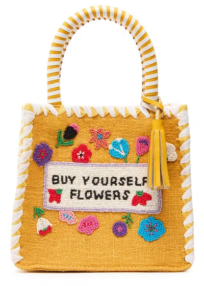 De Siena Bead-embellished Woven Top Handle Bag In Yellow
