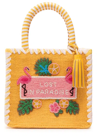 De Siena Bead-embellished Woven Top Handle Bag In Yellow