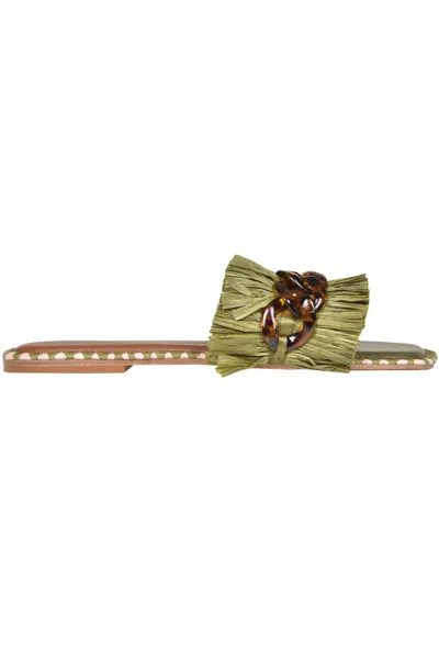 De Siena Sabaudia Raffia Slides In Olive Green