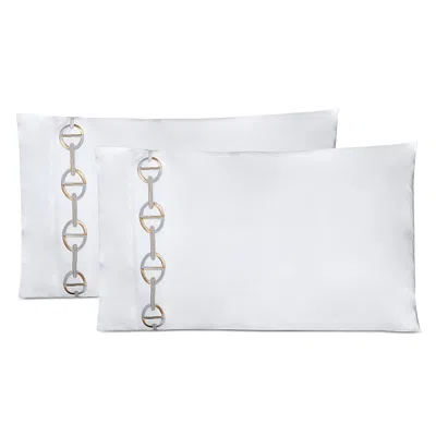 Dea Luxury Linens Chaine Embroidered Sateen Pillowcase Pair, Standard In White/moka