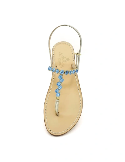 Dea Sandals Light Blue Diagonal Jewel Sandals In Platinum Gold Laminated, Light Blue