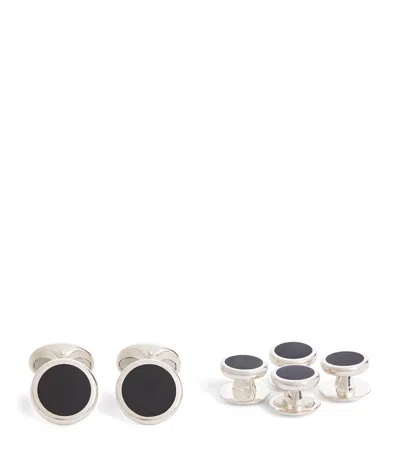Deakin & Francis Sterling Silver And Onyx Round Cufflinks