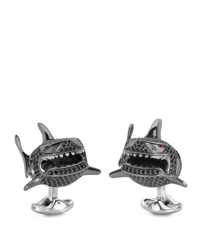 Deakin & Francis Sterling Silver Shark Cufflinks In Black