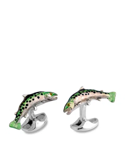 Deakin & Francis Sterling Silver Trout Cufflinks In Green