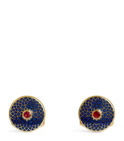 Deakin & Francis Yellow Gold And Ruby Patterned Cufflinks In Blue