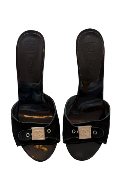 Dear Clementine Vintage Chanel Silver Cc Buckle Mules (it 37) In Black
