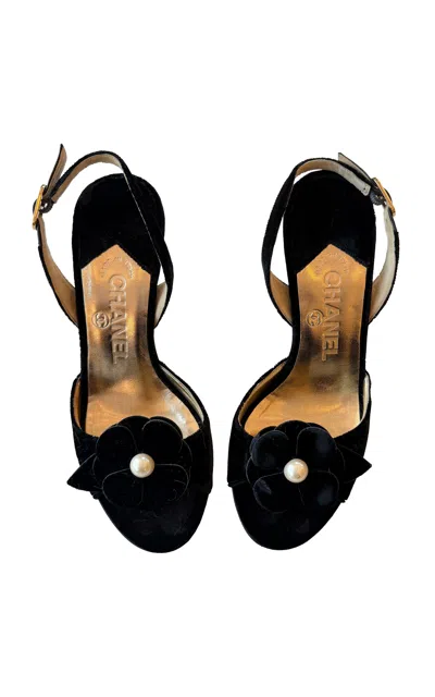 Dear Clementine Vintage Chanel Velvet Camellia Pearl Slingback Heels (it 35.5) In Black