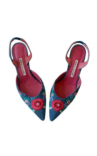 Dear Clementine Vintage Manolo Blahnik Denim Floral Embroidered Pumps (it 39.5) In Blue