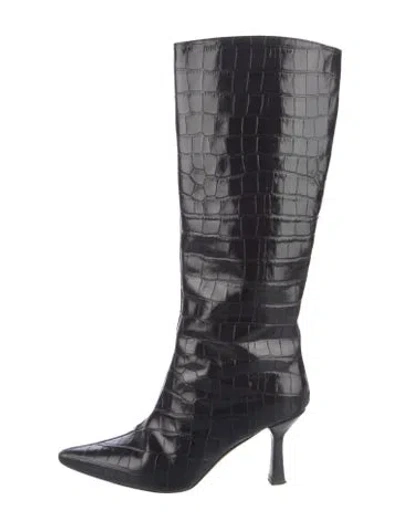 Pre-owned Dear Frances Embossed Leather Animal Print Boots In Black