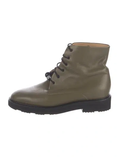 Pre-owned Dear Frances Leather Beaded Accents Lace-up Boots In Green