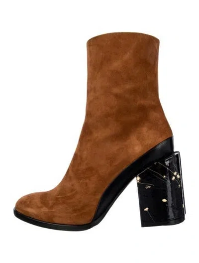 Pre-owned Dear Frances Suede Colorblock Pattern Boots In Brown