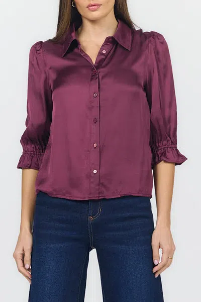 Dear John Amali Button Up Gathered 3/4 Sleeve Blouse In Burgundy