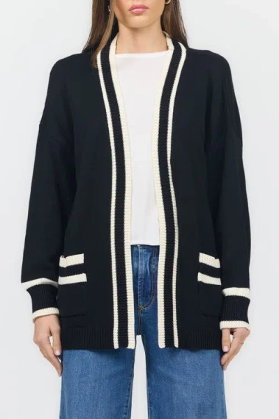 Dear John Amani Open Front Stripe Trim Cardigan In Black