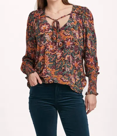 Dear John Denim Amelia Ruched Long Sleeve Top In Flower Wine In Multi