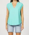 Dear John Denim Collared Short Sleeve Popover Top In Pool Blue In Green