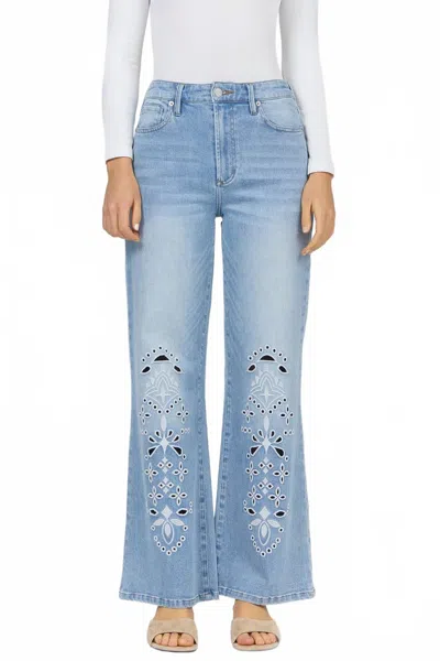 Dear John Denim Fiona Embroidered Wide Leg Jeans In Crystal Chalk Embroidery In Blue