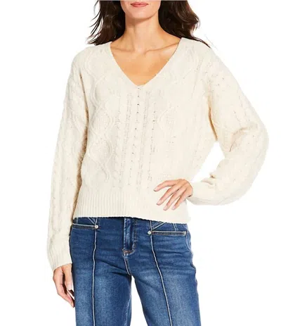 Dear John Denim Lexi Wool Blend Cable Knit V-neck Long Sleeve Sweater In Oatmeal In White