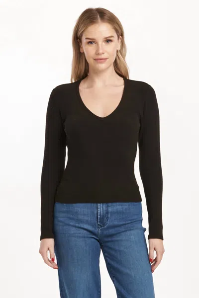 Dear John Denim Marlowe Ribbed V Neck Fitted Top In Black