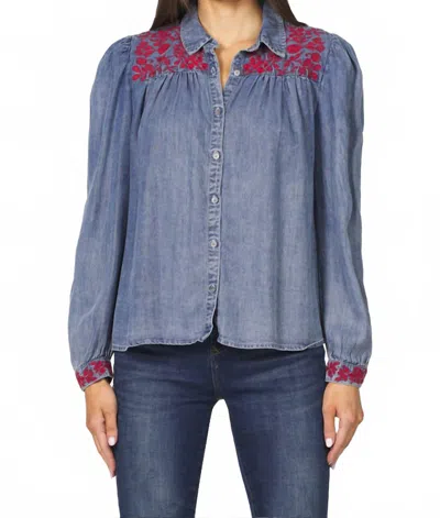 Dear John Denim Nasrin Rutched Sleeve Top In Denim Blue In Multi