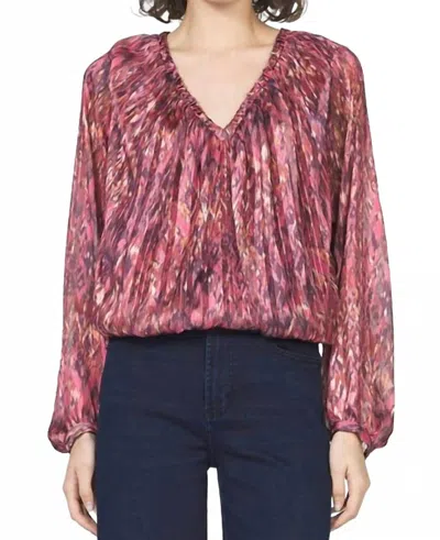Dear John Denim Piaf V Neck Balloon Sleeve Top In Pomegranate In Red