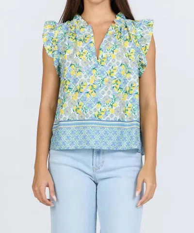 Dear John Denim Puja V Neck Flutter Sleeve Top In Lemon Carpri In Multi