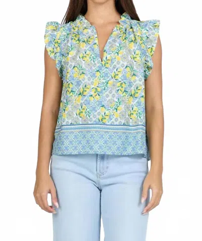 Dear John Denim Puja V Neck Flutter Sleeve Top In Lemon Carpri In Multi