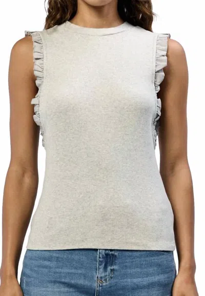 DEAR JOHN DENIM RIBBED STRETCHY TOP WITH RUFFLE SLEEVES IN HEATHER GREY