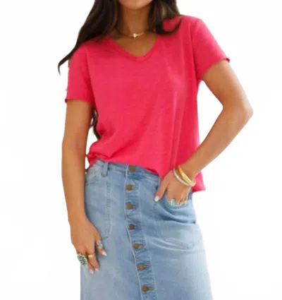 Dear John Denim Vanya V-neck Short Sleeve Top In Raspberry In Red