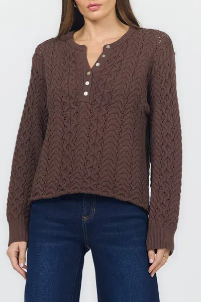 Dear John Dreya Popover Button Placket Cable Knit Sweater In Brown