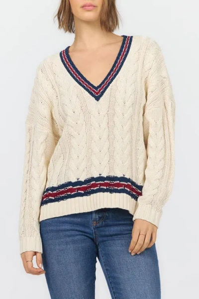 Dear John Kairi Long Sleeve V-neck Cable Knit Sweater In Neutral