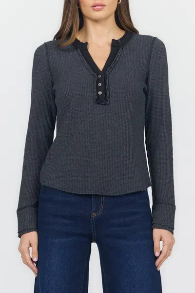 Dear John Luna Placket Front Waffle Knit T-shirt In Black