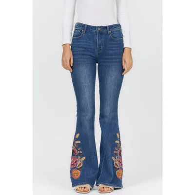 Dear John Rosa Floral Embriodered Flare Jeans In Blue