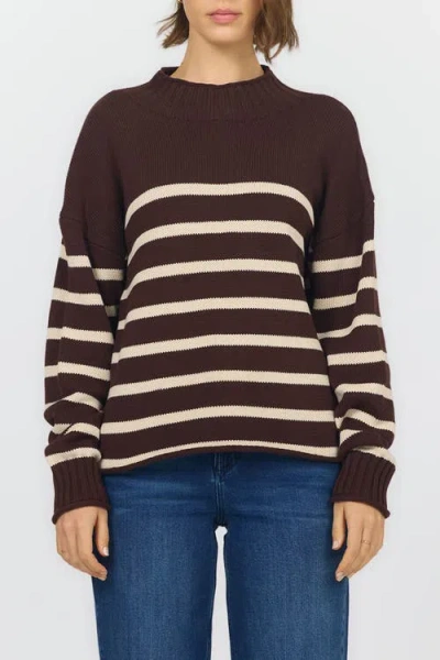 Dear John Solana Long Sleeve Funnel Neck Roll Neck Stripe Sweater In Brown