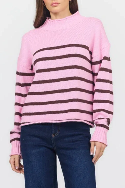 Dear John Solana Long Sleeve Funnel Neck Roll Neck Stripe Sweater In Pink
