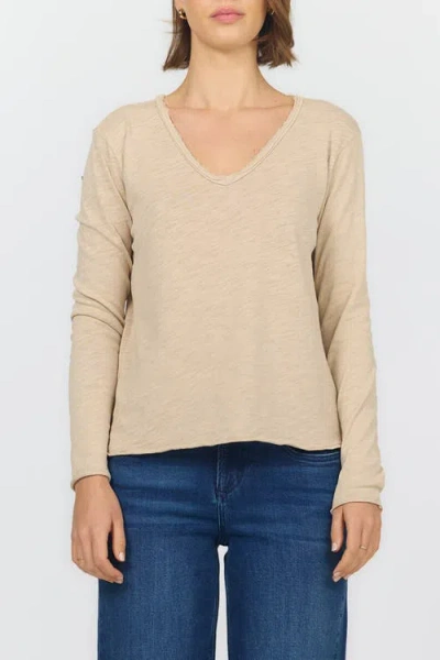 Dear John Vanya Long Sleeve V-neck Slub Knit T-shirt In Neutral