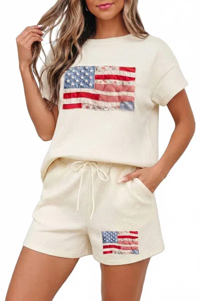 Dear Lover Amer Textured Usa Flag Graphic Short Set In Apricot In Neutral