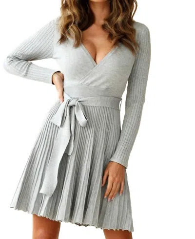Dear Lover Belted V Neck Ribbed Pleated Sweater Dress In Gray In Grey