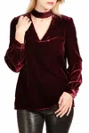 Dear Lover Biking Red Choker Neck Hollow-out Velvet Blouse In Burgundy In White