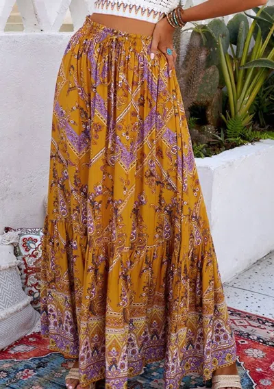 Dear Lover Boho Floral Print Ruffled Elastic High Waist Maxi Skirt In Orange