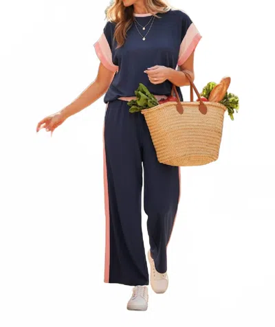 Dear Lover Color Block Wide Leg 2 Piece Set In Navy In Blue