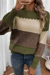 Dear Lover Colorblock Crew Neck Sweater In Olive, Tan, Brown In Multi