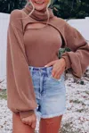 Dear Lover Corded One Shoulder Tank With Puff Sleeve Bolero Set In Brown In Brown