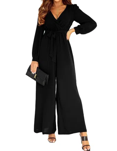 Dear Lover Cutout Back Belted V Neck Wide Leg Jumpsuit In Black