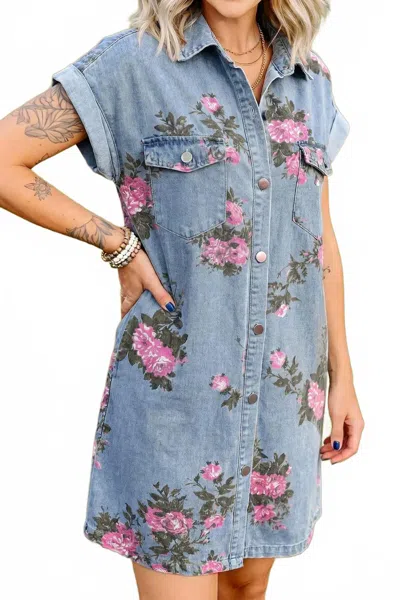 Dear Lover Denim Floral Shift Dress In Multi In Blue