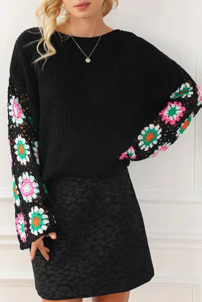 Dear Lover Floral Crochet Bell Sleeve Loose Sweater In Black